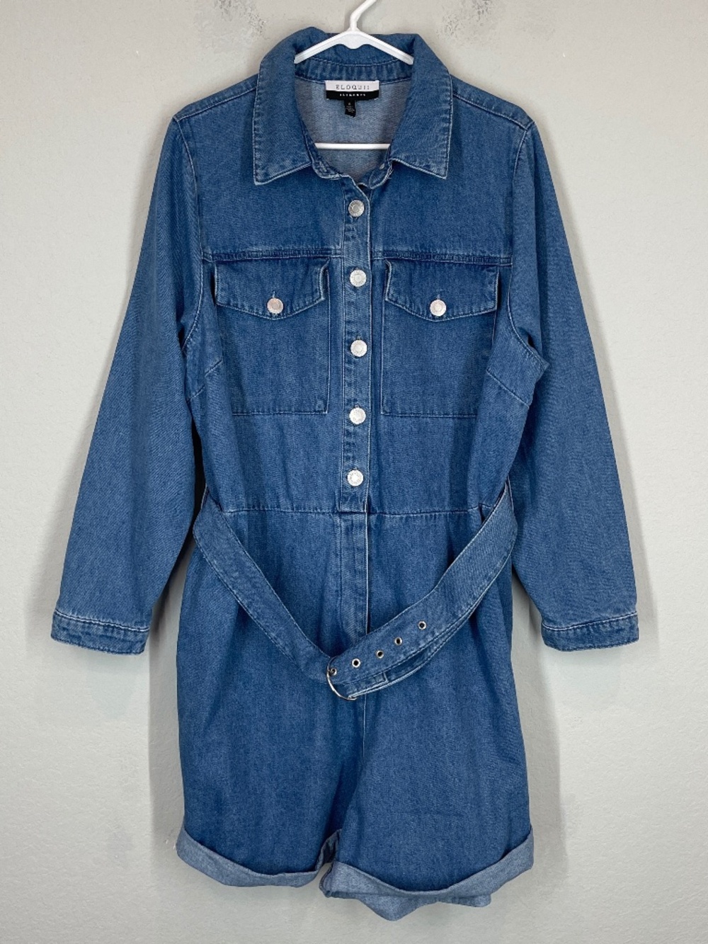 Eloquii Elements Denim Romper Women's 18 Blue Long Sleeve with Belt